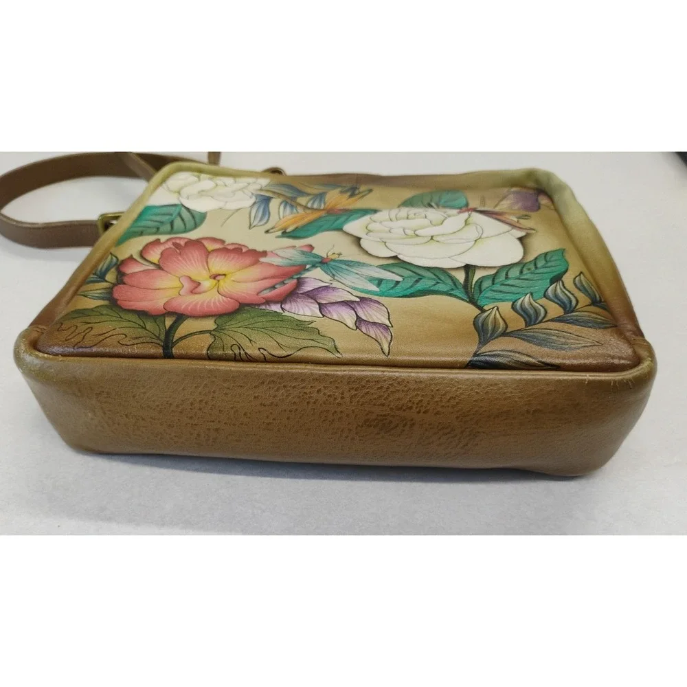 ANUSCHKA Leather Shoulder Bag Hand Painted Colorful Dragonfly & Floral Design‎